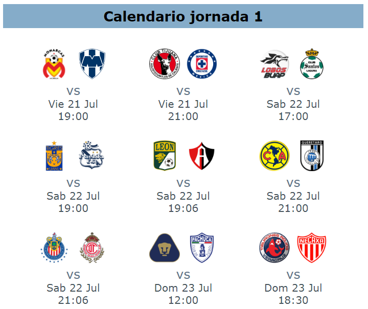Calendario jornada 1 del apertura 2017 del futbol mexicano